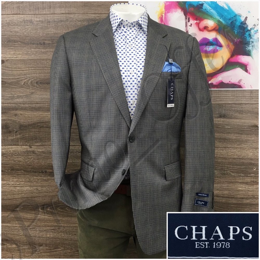 New Chaps Mens Blazer Sport Coat Casual 2 Button Jacket‎ Size 42L Wool Silk Suit